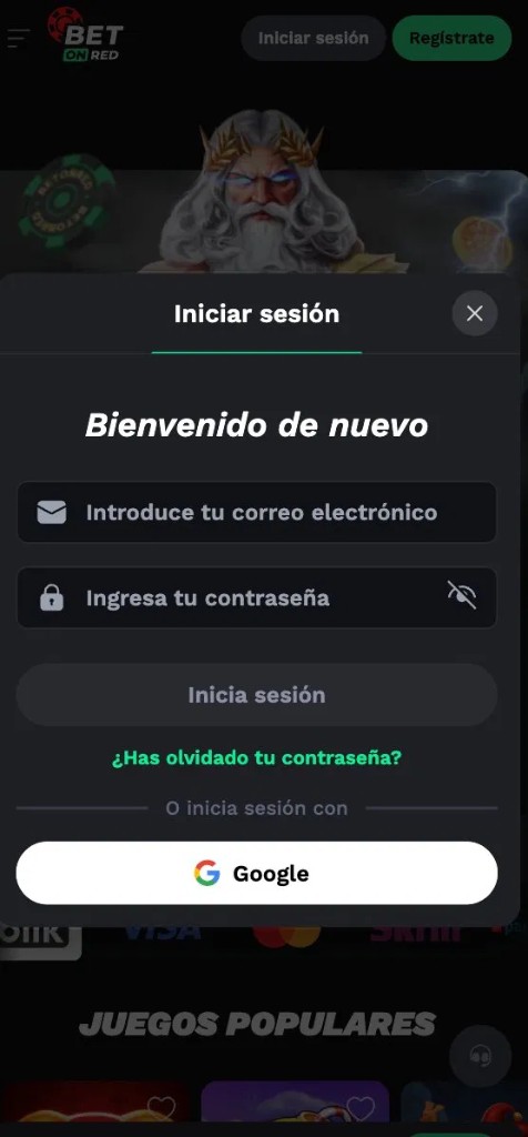 Ventana modal de inicio de sesión de BetonRed en móvil